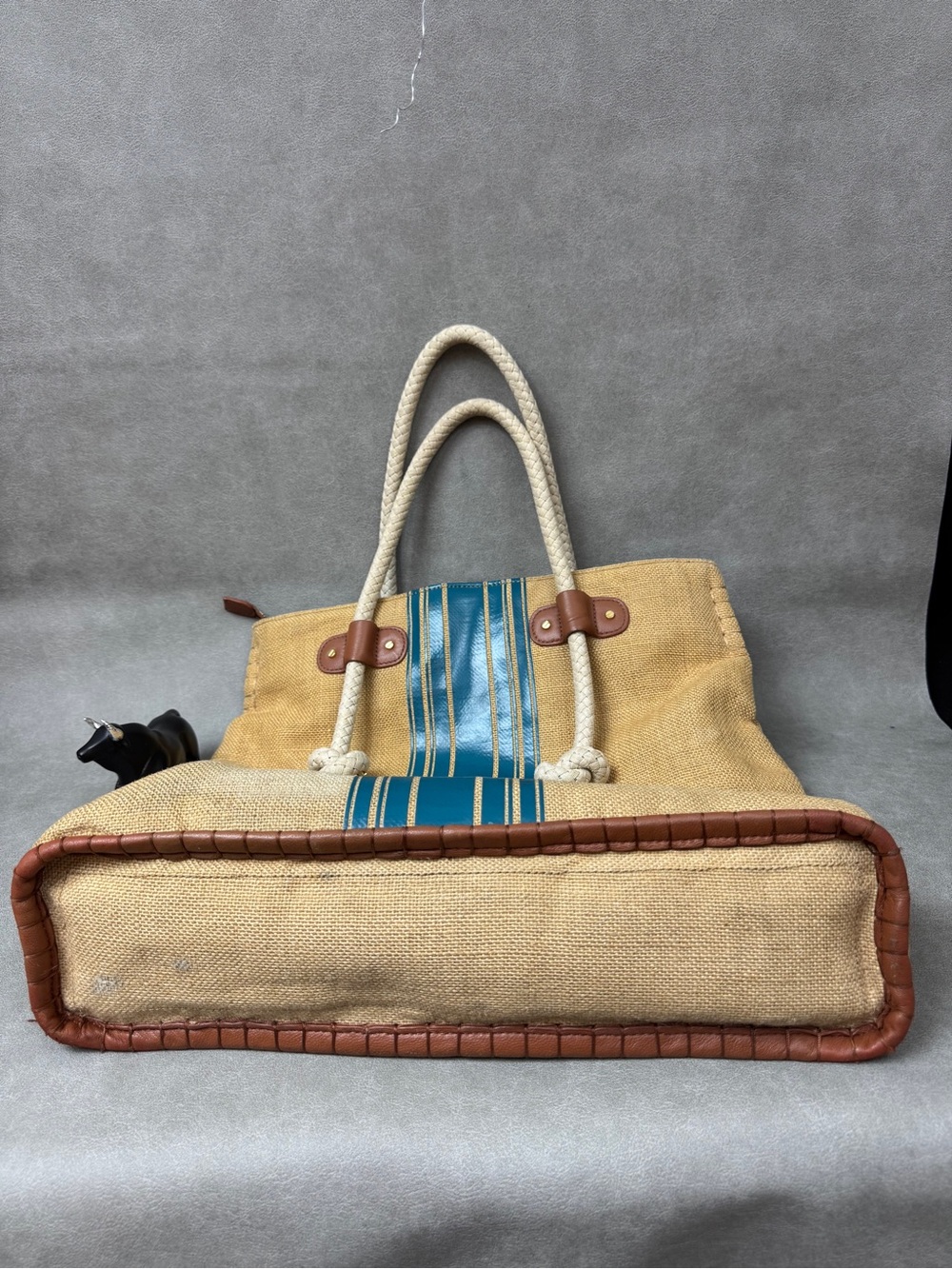 Tory Burch Tan Canvas Tote with Blue Stripe and White Rope Handles - Picture 9 of 16